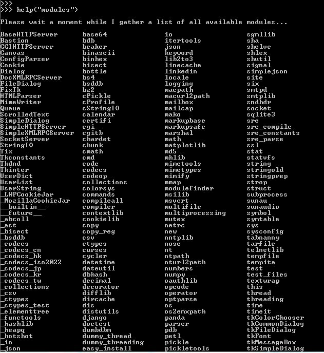 list of Python modules using help function example