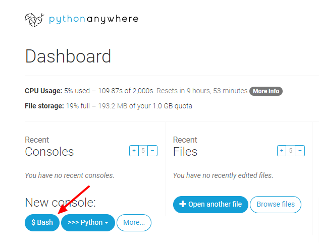 Dashboard PythonAnywhere Open Bash Console