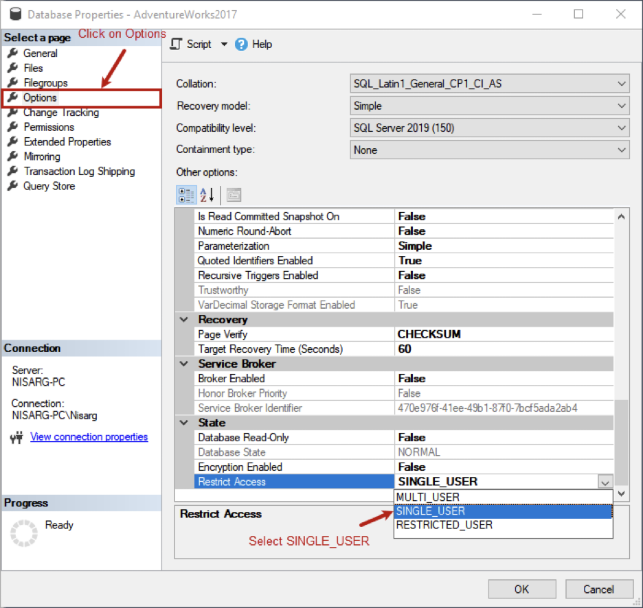 LTER DATABASE DB2 SET SINGLE_USER WITH ROLLBACK IMMEDIATE in SQL Server Management Studio